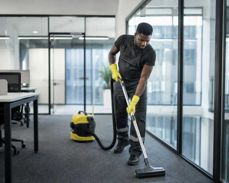 A cleaner vacuuming a carpeted office floor