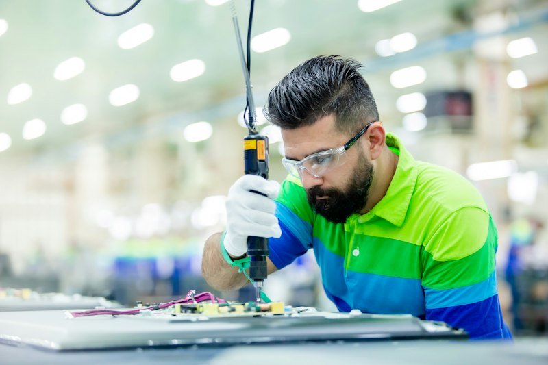 A technician assembling equipment on a factory floor