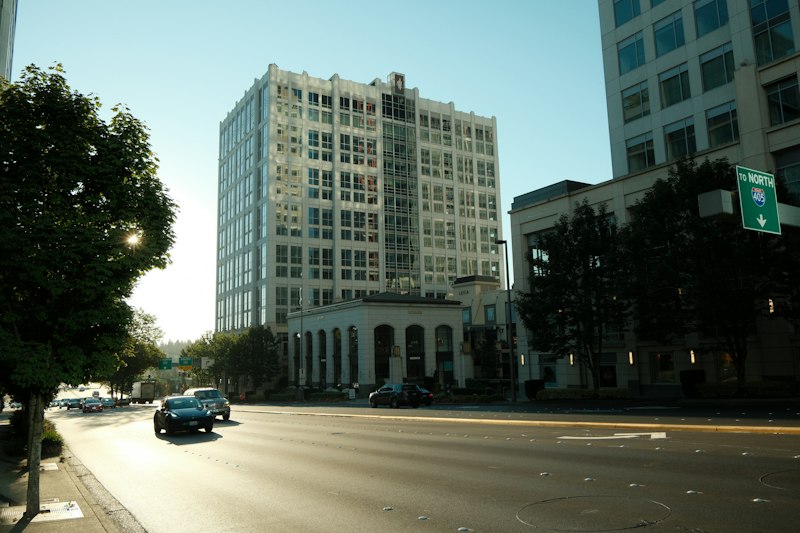 An office building on a sunny city street